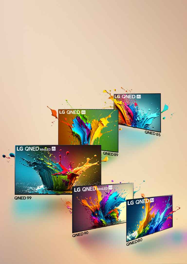 LG QNED 80, QNED 90, QNED 99, QNED 89, and QNED 85 TV standing side by side in an angled line with QNED 99 TV facing forward and the others at a 45 degree angle. Colorful droplets and waves of paint explode out of each screen, and light radiates, casting colorful shadows below.